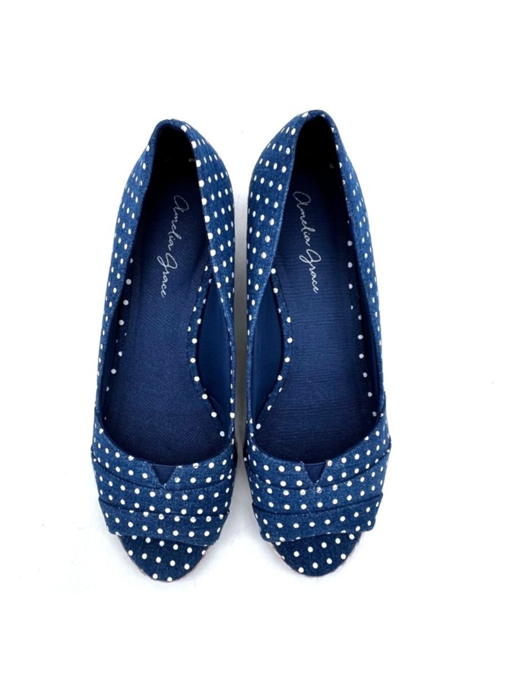 Amelia Grace Blue Polka Dot Open-Toe Wedge Shoes Braid Rope Detail Womens 9.5 - Picture 4 of 13